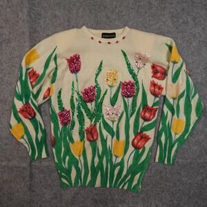 Vintage Spree Sweater Womens Medium Tulip Beaded Lambswool Angora Floral Sequin